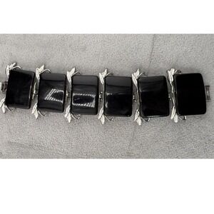 Vintage Estate Panel Bracelet Black Silver Tone Leaf Link 7.25in